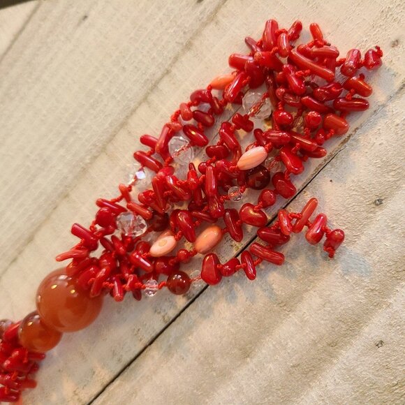 Red Coral Tassel Necklace Shell Glass Beads Hand Knotted - Picture 7 of 8